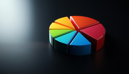 Obraz premium A vibrant 3D pie chart showcasing data segments in various colors on a dark background