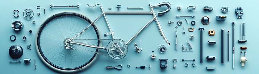 Top view of a bicycle with parts layout, generative AI artwork, beautiful and detailed illustration showing frame, wheels, handlebars, pedals, and gear system
