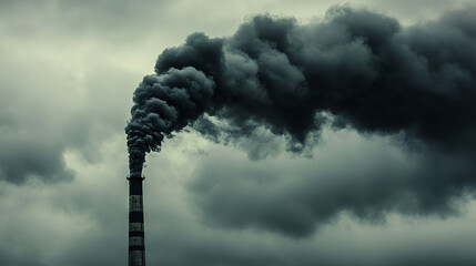 A close-up of a factory chimney emitting dense black smoke