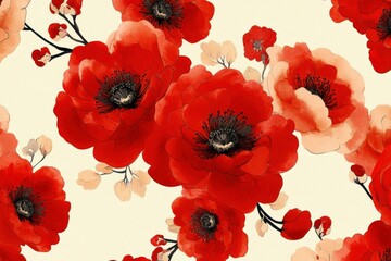 Seamless vintage floral wallpaper with bold red flowers and soft cream accents arranged in a decorative chinoiserie style.