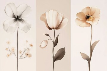 Set of minimalist vertical posters featuring delicate full color flowers drawn in smoky line art style, each poster highlighting a single bloom like a rose, tulip, and daisy, with soft neutral 