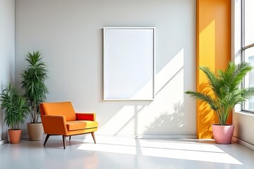 Modern Living Room with Orange Chair and Plants - Interior Design Inspiration