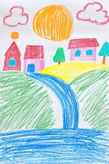Colorful crayon village scene with river and sun child's drawing whimsical landscape bright colors imaginative art
