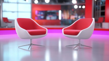 Engaging interview setup modern studio digital media contemporary design eye-level view professional atmosphere
