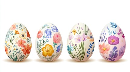 Floral Easter eggs, spring celebration, white background, holiday decoration