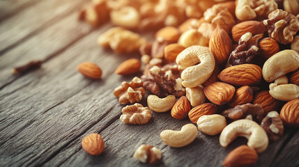 A close-up of assorted roasted nuts scattered on a table