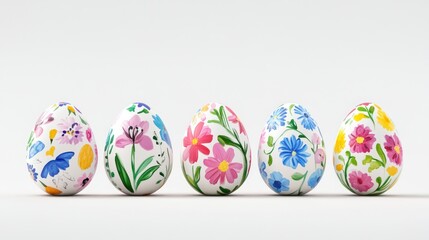 Fototapeta premium Colorful floral Easter eggs on white background. Spring holiday decoration