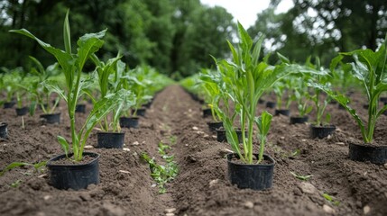 Obraz premium Young corn plants growing in field, forest background, agriculture