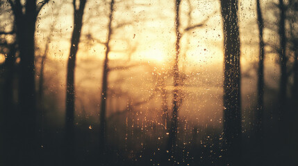 A misty window with condensation streaks, beyond which lies a forest's silhouette bathed in warm sunrise hues