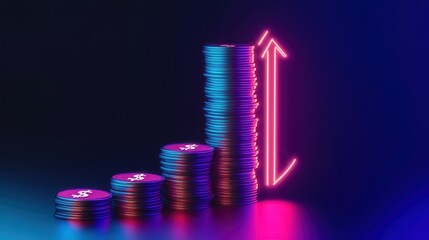neon illustration of a stack of coins rising with a measurement tool next to it and a dollar symbol, symbolizing savings progress.