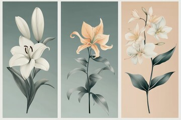 Set of three vertical posters highlighting elegant floral designs with smoky line art; flowers include a lily, orchid, and peony on muted pastel backgrounds.