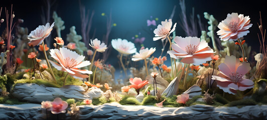 A miniature flower garden world model was created using delicate origami techniques to create a three-dimensional effect, ai generative