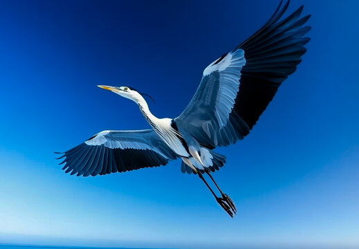 A gray heron flies under a clear blue sky, showing its long neck and head to tail.