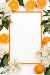 Orange frame with fresh citrus fruits, white jasmine flowers and green leaves on white background with copy space. Summer party decor for Birthday, Health day