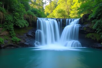 Stunning Waterfall Cascading into Emerald Pool in Lush Forest