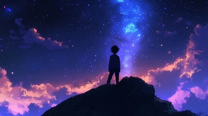 Fototapeta premium Silhouetted person on hilltop gazing at vibrant night sky with nebula.