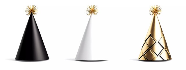 3D realistic New Year party hat set illustration, in black, white, and gold colors, in a clipart style, isolated on a pure white background
