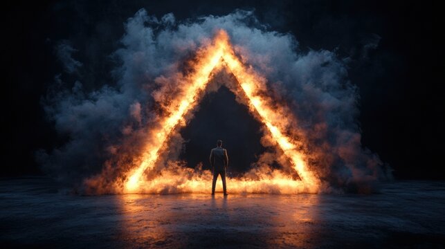 Man standing in front of fire triangle and open doorway in a large space
