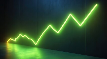 Neon Bitcoin value chart with an upward-trending green line, glowing brightly to represent the growth in cryptocurrency value.