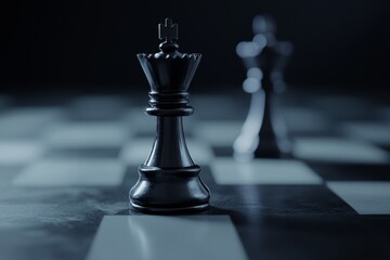 Strategic chess match dark room high-contrast photography intense atmosphere close-up view competition and skill