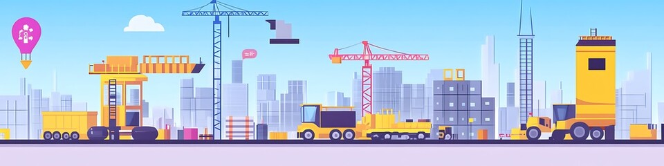 Cityscape Construction Site Showing Heavy Machinery and Cranes