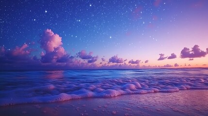 Fototapeta premium Tranquil ocean sunset, starry night sky, beach waves, peaceful scene, travel