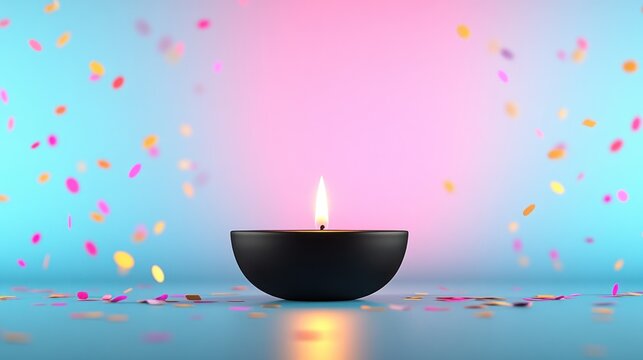 Festive Indian Diya Lamp with Lit Candle in Modern Bowl Surrounded by Falling Confetti, Pink and Blue Hues for Serene Holiday Mood