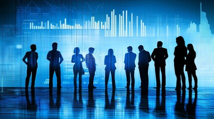 Business leaders collaborating digital office team strategy meeting urban environment silhouette view corporate dynamics