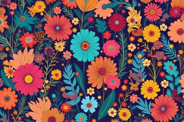 Vibrant Floral Pattern with Bold Colors and Detailed Design