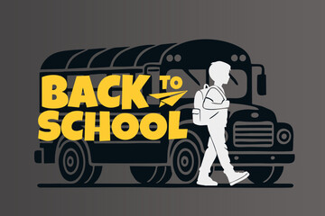 Hand Drawn Back to School Text Typography with School Bus and Walking Student Silhouette. Education Background Design, Greeting Card, Cover, Banner.