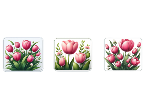 Set of Pink Tulips flower white border square badge element. isolated on white background. Generative AI