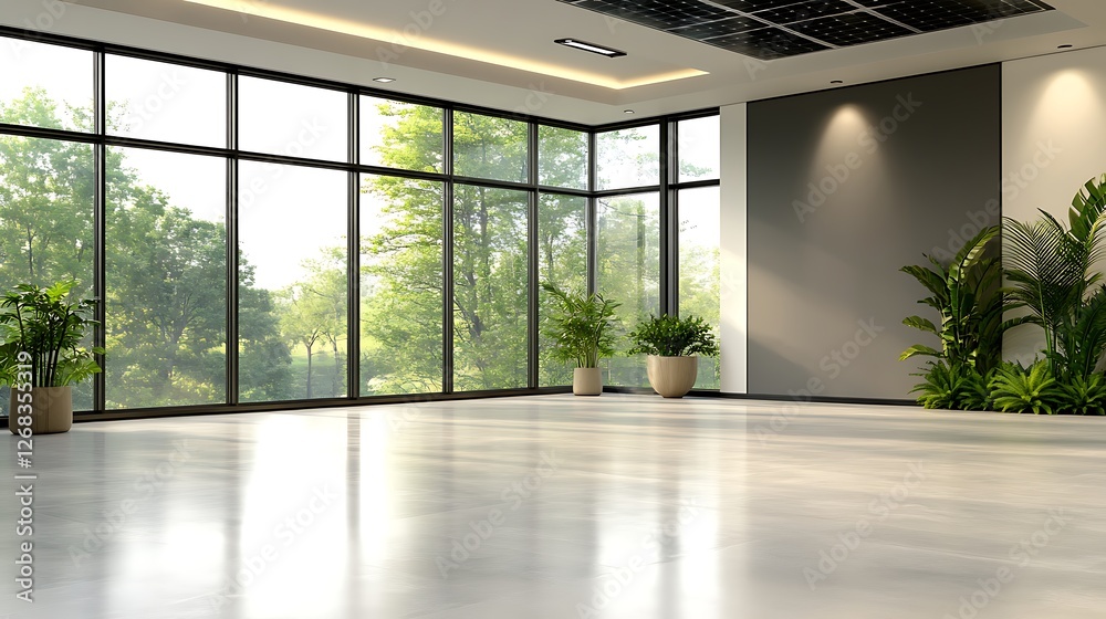 Poster a modern co-working space featuring green design elements and ample room for collaboration.