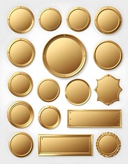 Collection of Golden Metallic Badges, Shields, and Labels on White Background