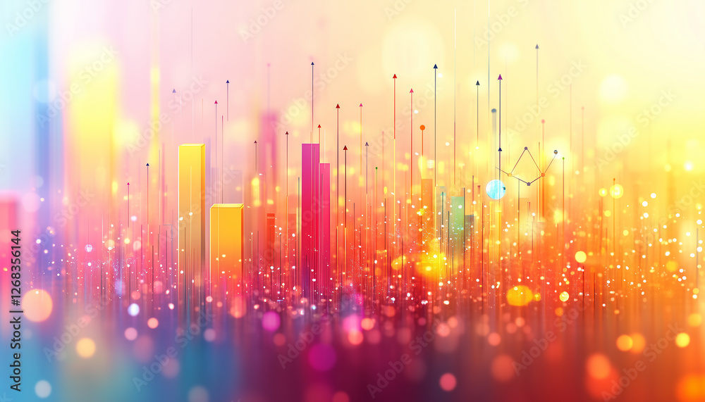 Poster abstract colorful data visualization with rising bars and arrows representing growth and progress in
