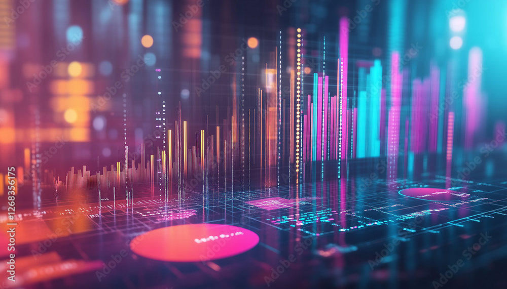 Poster abstract futuristic data visualization neon cityscape with dynamic charts and graphs
