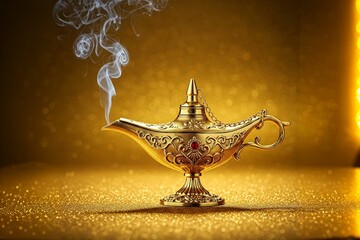 A beautifully ornate golden lamp emits wisps of smoke against a shimmering golden background, evoking a sense of magic and mystique.