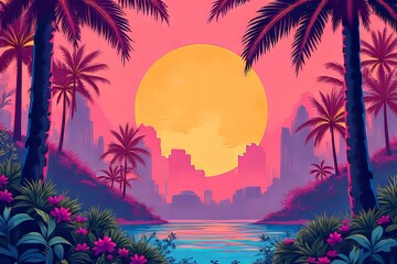 Vibrant Sunset Over a Tropical Cityscape