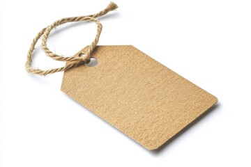 Blank kraft paper tag, twine tied, white background, retail use