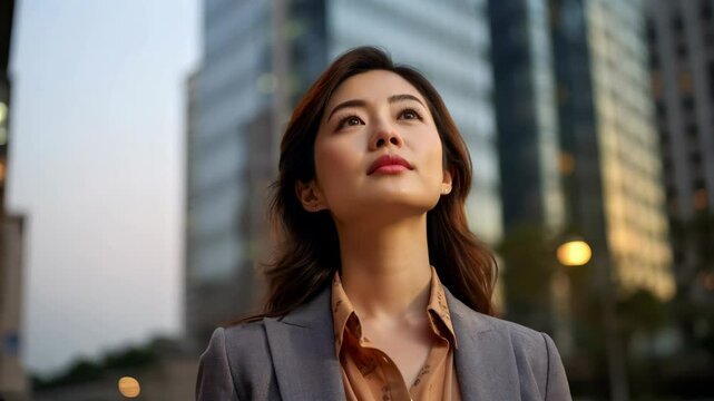 Asian businesswoman standing in big city modern skyscrapers street dreaming of new investment opportunities