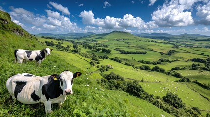 Fototapeta premium Black and white cows stand on a lush green hillside overlooking a scenic rural valley.