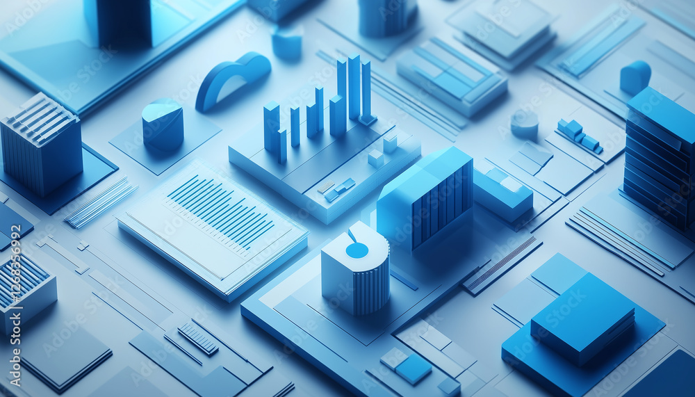 Fototapete Abstract 3D Rendering of Blue Data Blocks Charts and Graphs Visualizing Business Intelligence and Data Analytics