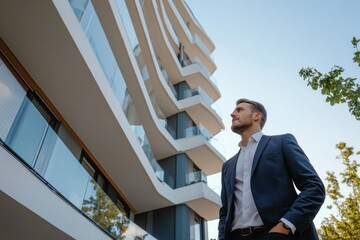 A confident property investor inspecting a modern apartment building