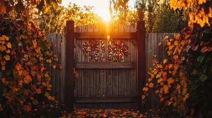 Golden Autumn Gate: A Serene Sunset Scene