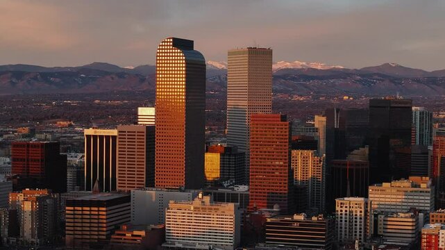 Aerial view of the Denver skyline at sunrise