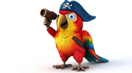 Colorful Cartoon Parrot with Pirate Hat and Telescope in Hand