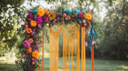 Colorful Floral Arch with Macrame and Bright Ribbons Outdoors