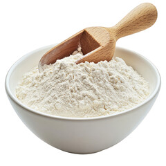 A bowl of flour with a wooden scoop, transparent background, PNG