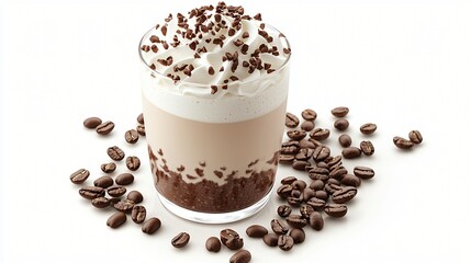 Iced coffee drink, whipped cream, coffee beans, white background, menu use