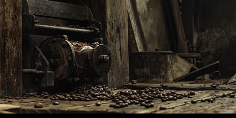 Antique Coffee Bean Grinder Machine Processes Roasted Beans Slowly and Methodically in Rustic Setting
