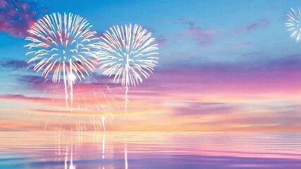 Celebration in the Sky: A breathtaking spectacle of fireworks bursts against a vibrant pastel sky, reflecting on the calm surface of the water. - Powered by Adobe